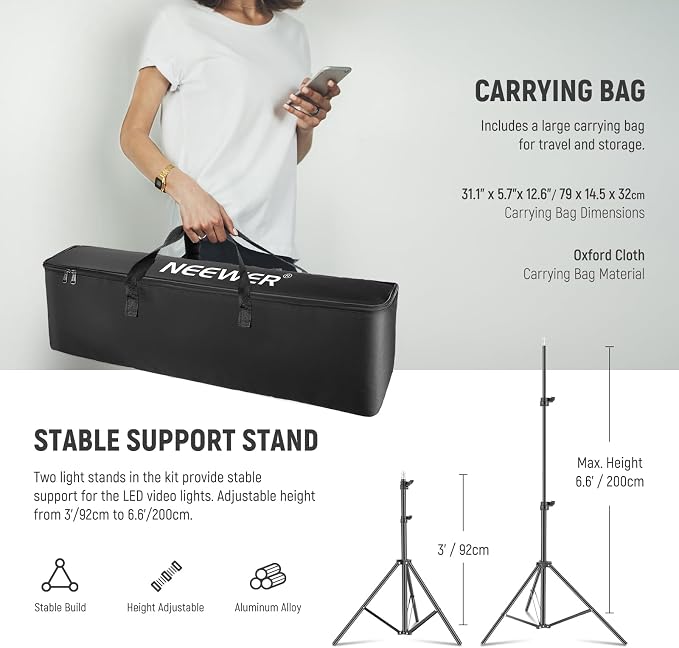 NEEWER Upgraded 660 PRO II RGB LED Video Light w App Control Tripod Stand | 2 Pack Kit, 50W, 1% Min Dimming, CRI97+, 3200K-5600K, for Game Streaming YouTube Studio, Bluetooth - Image 8