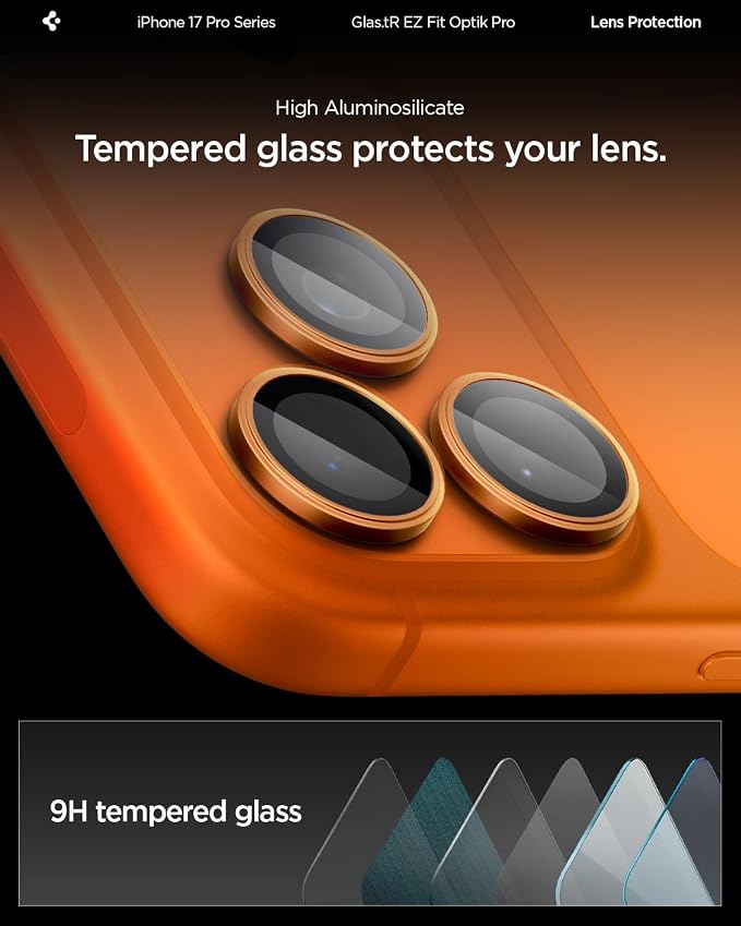 Spigen Camera Lens Protector for iPhone 17 Pro Max / 17 Pro - Orange | GlasTR EZ Fit Optik Pro, 9H+ Tempered glass, Scratch resistant, Auto-align tray, Original photo quality, Case-friendly, 2Pack - Image 6