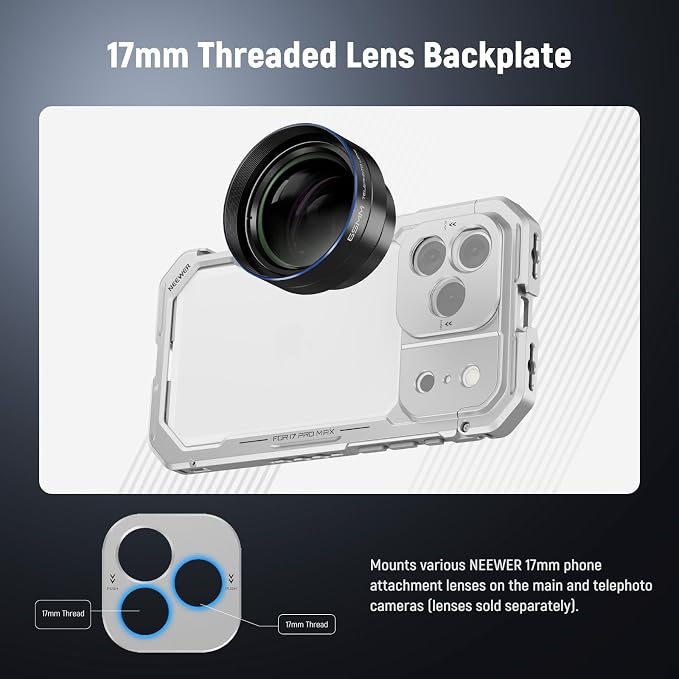 NEEWER Phone Cage Compatible with iPhone 17 Pro, Quick Release Video Rig Stabilizer Accessories with 67mm Filter Ring, 17mm Lens Backplate, T Mount Adapter, 4X Camera Control Cap, PA143 (Silver) - Image 3
