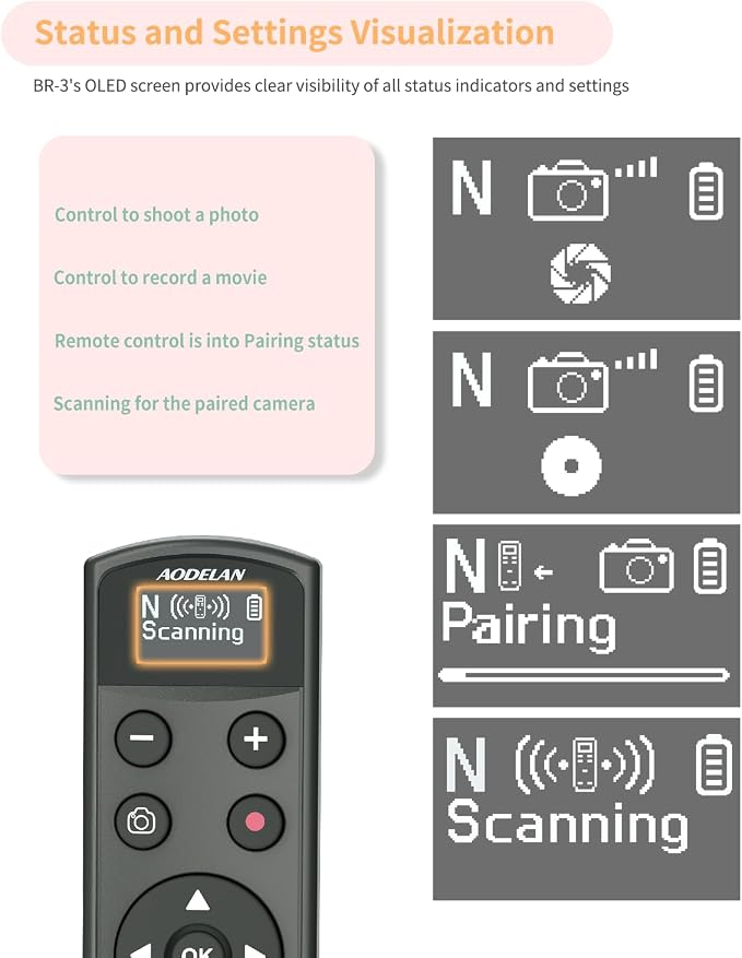 Aodelan for Nikon Wireless Rechargeable Camera Remote Control | Camera Shutter Release Trigger with OLED Screen for Zfc, Z50, P1000,A1000, P950, B600; Replaces Nikon ML-L7(Black) - Image 6