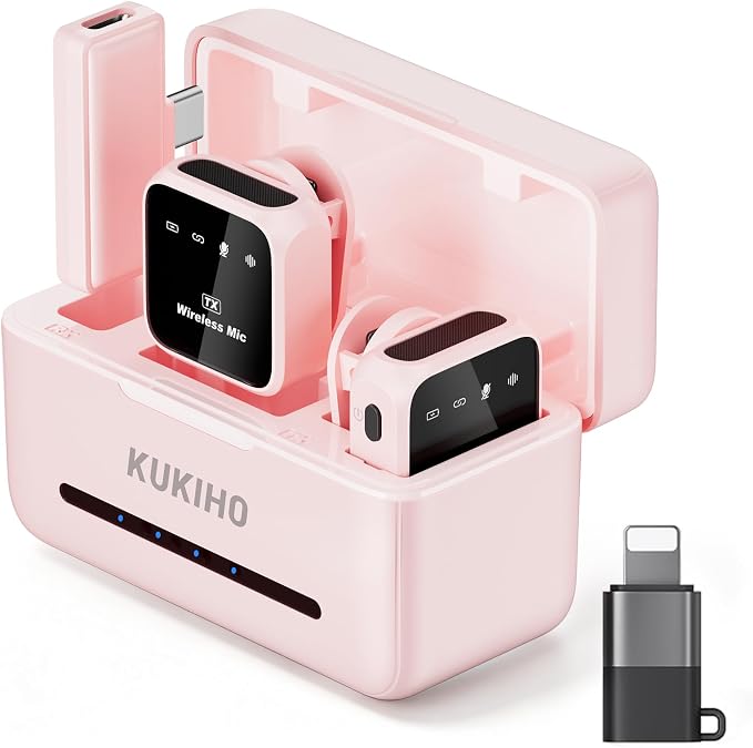 Wireless Lavalier Microphone for iPhone iPad Android with Charging Case 80h Battery Life, Noise Cancellation, 164ft Range Plug-Play Clip On Lapel Mic for YouTube, Video Recording, Vlog (Pink) by KUKIHO