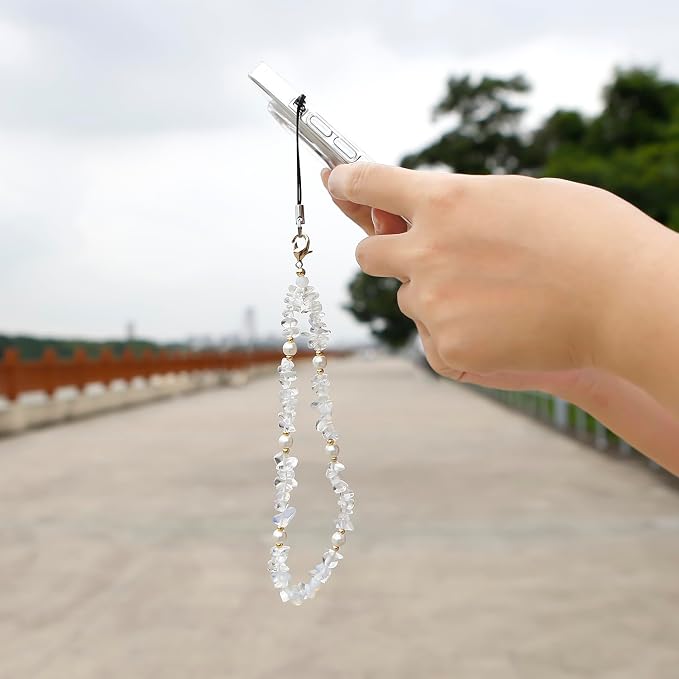 Phone Chain Phone Wrist Strap Natural Gemstone Phone Charms Cell Phone Lanyard Beaded Phone Strap for Women Girls(White) - Image 3
