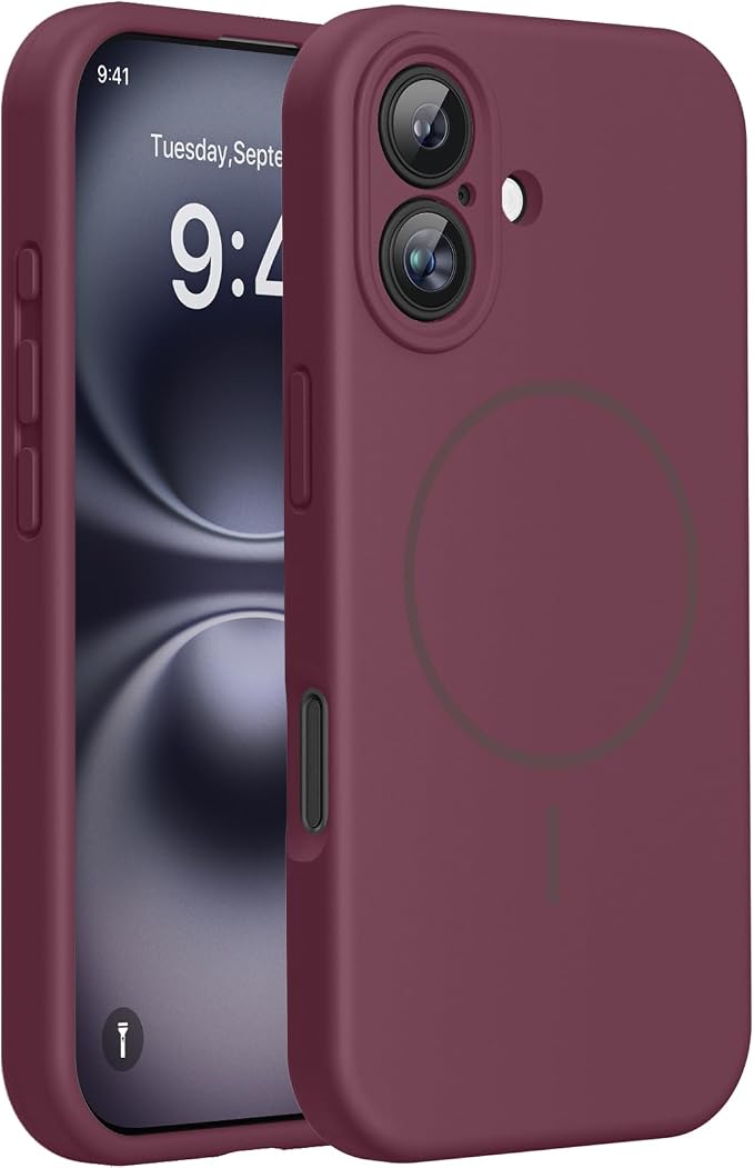 miracase Magnetic for iPhone 16 Plus Case, [Soft Anti-Scratch Microfiber Lining], Compatible with MagSafe, Liquid Silicone Shockproof Drop Protection Phone Case for 16 Plus,Wine Red by Miracase