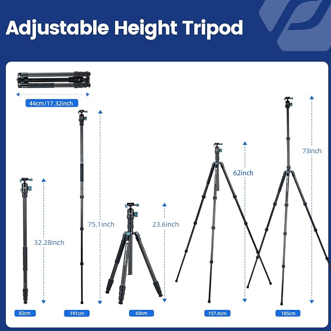 Fotopro 73"/185cm Carbon Fiber Travel Tripod for Camera, 360° Panorama Ball Head, Arca Quick Release Plate and Bag, Detachable Monopod for DSLR Camera Camcorder, Load up to 22lbs/10kg. X-Go Plus Blue - Image 2