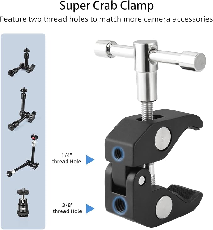 UTEBIT 22 Inch Magic Arm Camera Mount with Super Clamp 1/4" 3/8" Screw Hole | Adjustable Articulating Friction Camera Boom with 360° Ball Heads Arm for Monitor, LED Light, Webcam, Action Camera - Image 4
