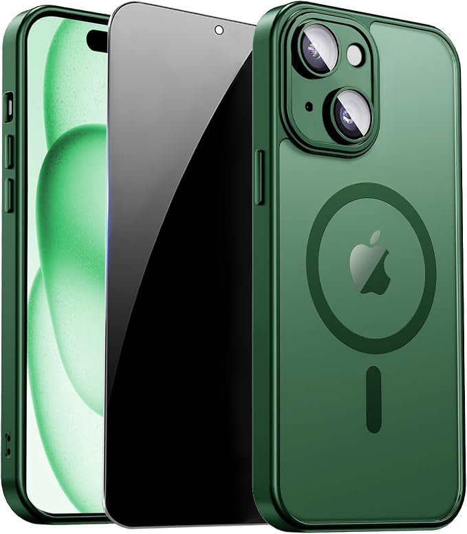 for iPhone 15 Plus Case with Privacy Screen Protector, Green | Full Camera Protection, Translucent Matte Magnetic, Compatible with MagSafe, Shockproof Phone Cover, Slim Fit by ZOZDOKG