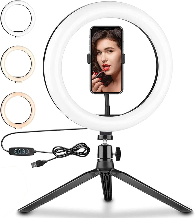 10" Ring Light with Tripod Stand & Phone Holder 3 Color Modes & 10 Brightness Levels for Photography/Makeup/Live Stream/YouTube - Image 2