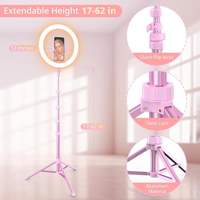 UBeesize 12" Ring Light with 62" Tripod Stand for Content Creation (Pink) | LED Selfie Light with Phone Holder & Remote for YouTube, TikTok, Twitch, Video Recording, Makeup, Streaming, Phone & Webcam - Image 3