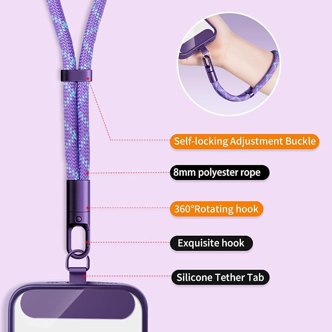 Phone Wrist Strap Lanyard Hand Universal Adjustable Phone Finger Grip Wristlet with Patche Tether Anti Theft for iPhone 16 Pro Max 15 14 Charms for Keychain USB Flash Drive Wallet ID Tag Puple-Blue - Image 3