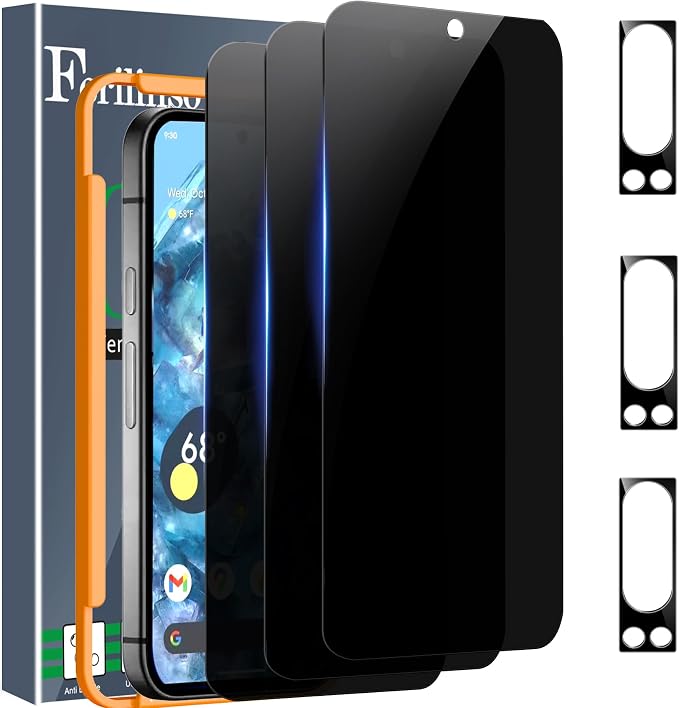 Ferilinso Privacy Screen Protector for Google Pixel 8 Pro, Tempered Glass | 3 Pack, 9H+ Hardness, Military-Grade Shatterproof, Case Friendly, Easy Installation Bubble Free, with Camera Lens Protectors by Ferilinso