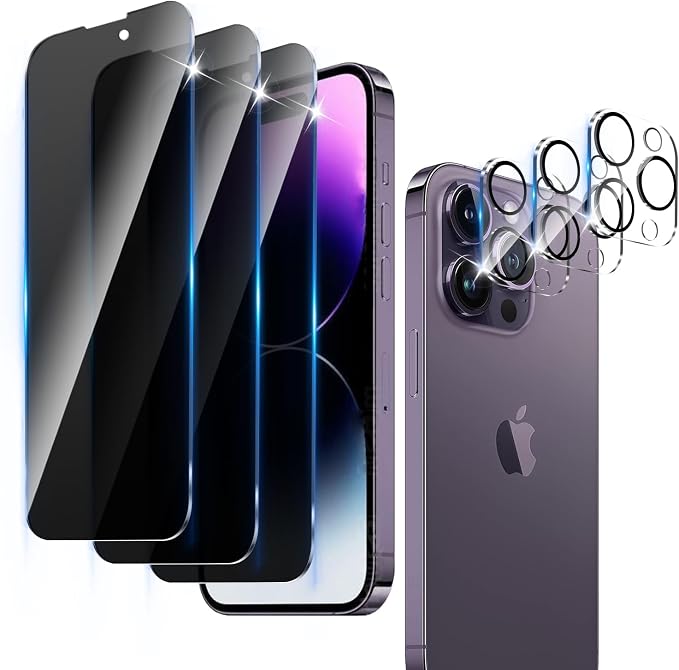 3+3 Pack Privacy Screen Protector Designed for iPhone 14 Pro With 3 Pack Camera Lens Protector,Full Coverage Anti-Spy Tempered Glass Film,9H Hardness,Bubble Free,Easy to Install by Unknown