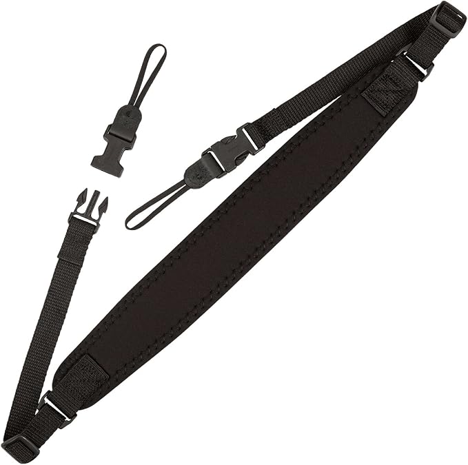 OP/TECH USA Super Classic Camera Strap – Padded Neoprene Neck Strap with Comfort-Stretch & Quick Disconnects | DSLR/SLR/Mirrorless Compatible – Black | Neoprene strap with Uni-Loop connectors and 43-inch length for cameras, binoculars and heavy equipment by OPTECHusa