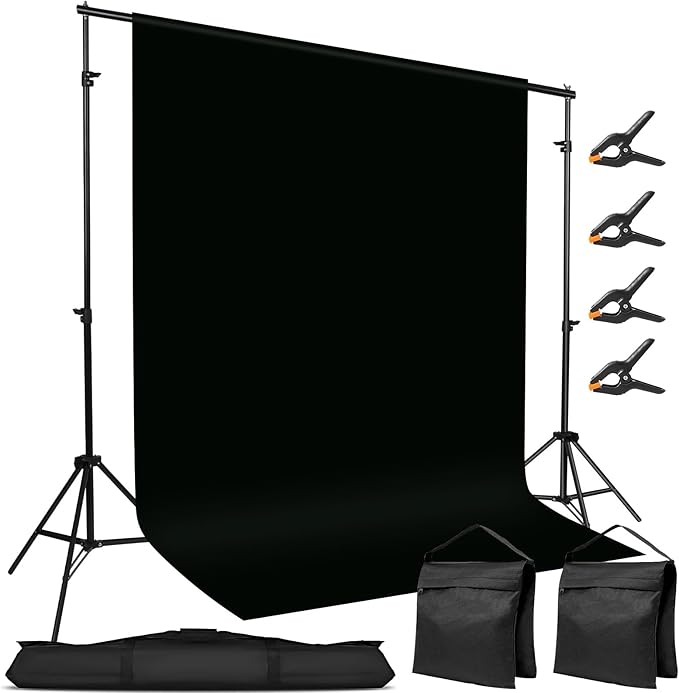 10x7ft Adjustable Photography Backdrop Stand Kit – Photo Studio Background Support with 4 Crossbars, 4 Clamps, 2 Sandbags (with 10 * 7 Feet Black Backdrop Curtain) by Hikpik
