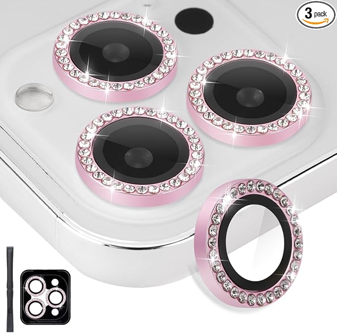Camera Lens Protector for iPhone 16 Pro/16 Pro Max, Diamond Pink | Tempered Glass, Auto-align Tray, Easy Installation, Case Friendly, Anti-Scratch, HD Clear, Ultra Slim by Rayorcon