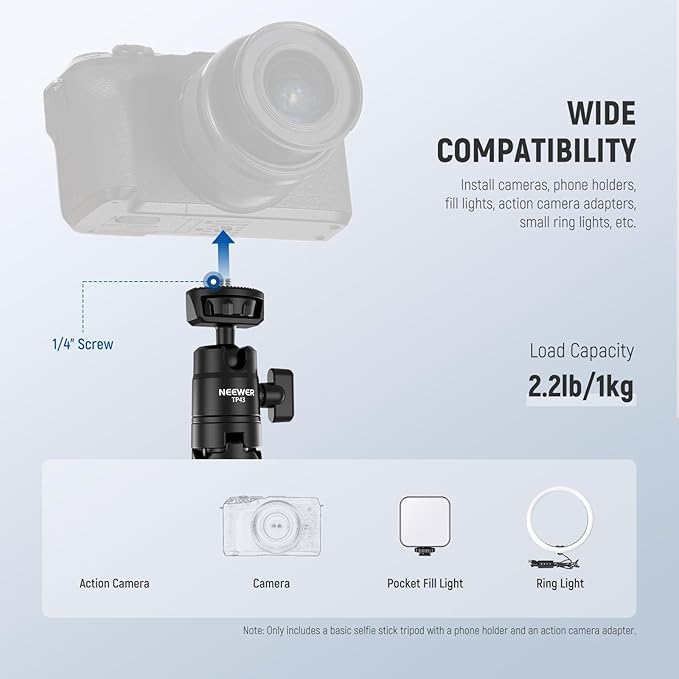 NEEWER Basics Mini Desk Selfie Stick Tripod, TP43 Black | Compatible with iPhone Android GoPro Insta360 DJI, Portable Small Camera Webcam Stand, Cell Phone Holder, Video Recording - Image 4