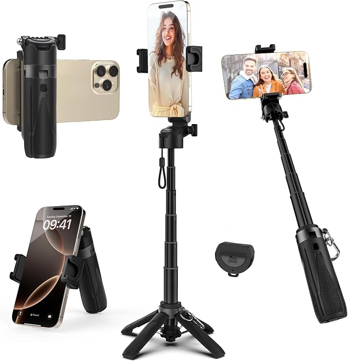 Takerers Portable Selfie Stick Tripod with Remote【Pocket Size】 4-in-1 Extendable Cell Phone Tripod【360° Rotation】 Mini Selfie Stick for iPhone Android Phone Holder for Video Recording Live Streaming by Takerers