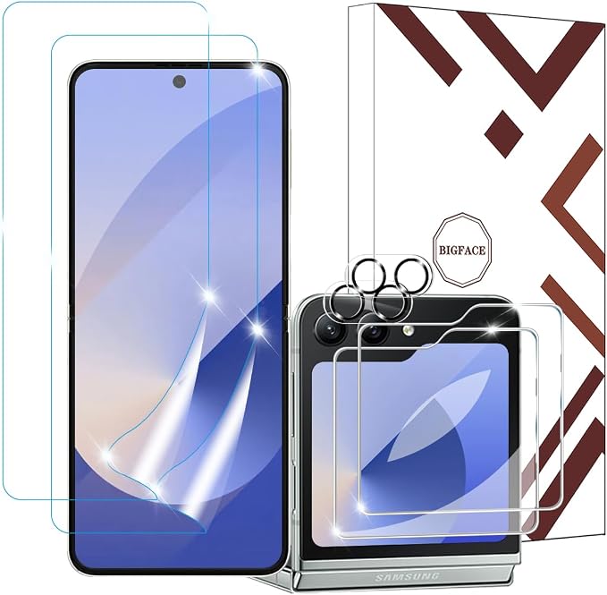 BIGFACE [6 in 1 for Samsung galaxy Z Flip 6 Screen Protector,2 pack galaxy Flip 6 EPU Film Screen Protector + 2 Pack Tempered Glass Back Screen Protector + 2 Pack Camera Lens Protectors by Wehaveaprofessionalteam