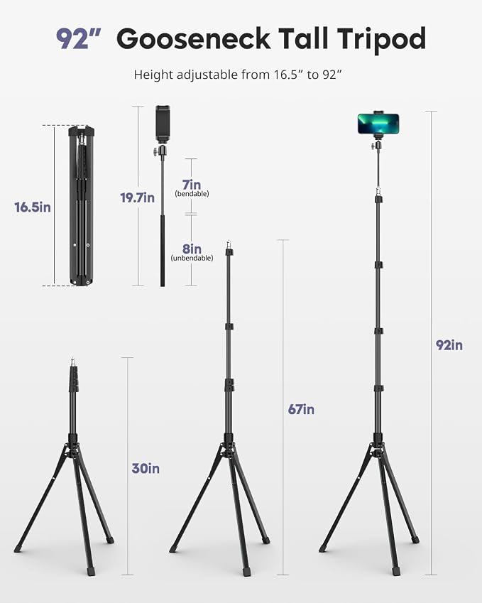 Aureday Phone Tripod, 92" Cell Phone Stand with 15" Gooseneck, Remote and Phone Holder, Overhead & Selfie Stick for Recording/Watching/Vlog, Compatible with iPhone Android (Pack of 2) - Image 5