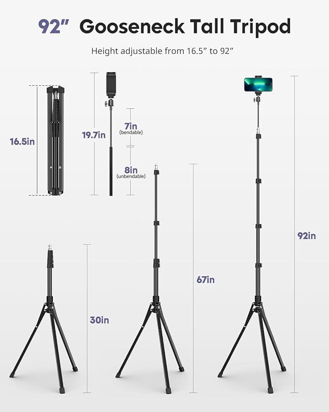 Aureday Phone Tripod, 92" Cell Phone Stand with 15" Gooseneck, Remote and Phone Holder, Overhead & Selfie Stick for Recording/Watching/Vlog, Compatible with iPhone Android - Image 5