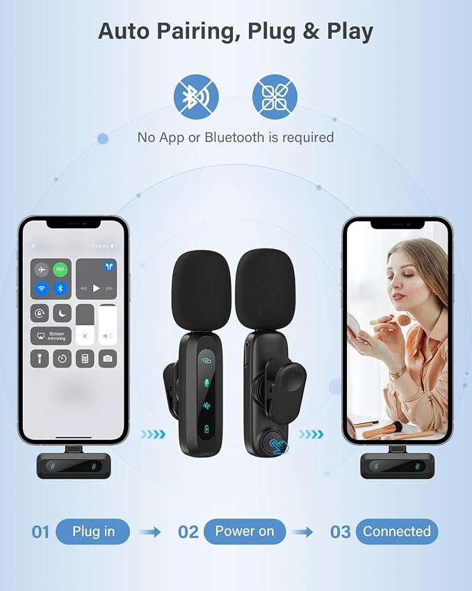 2026 Upgraded Wireless Lavalier Microphone, 2-Pack Mini Lapel Mic with Noise Reduction, USB-C, Lightning and USB-A Adapters for iPhone, Android, iPad, Laptop, Video Recording, Podcast, TikTok, YouTube - Image 6