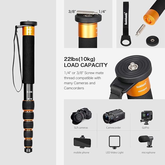 Koolehaoda 61" Camera Monopod Aluminum 6-Section Portable Travel Unipod | Folds to 15" at 0.95 lbs, 22 lbs Max Load, 28mm Tube, 1/4" & 3/8" Reversible Screw, Metal Spike & Rubber Foot - Image 2