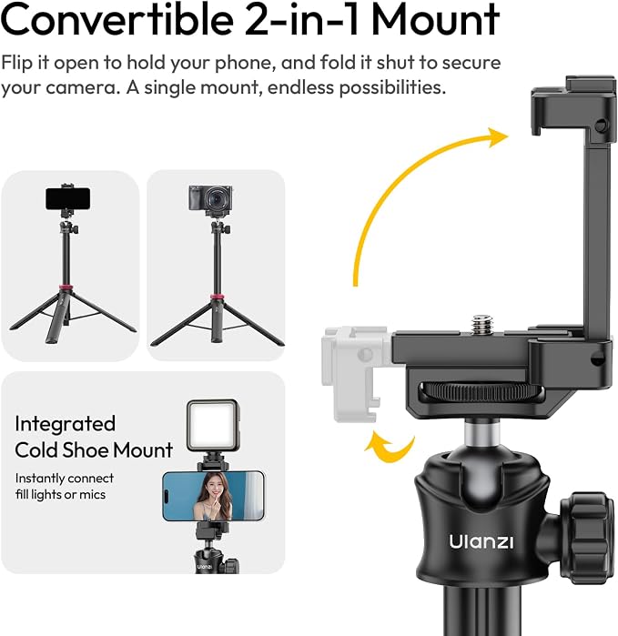 ULANZI MT44 Auto Open Phone Tripod, 59" Extendable Selfie Stick for iPhone | 360° Ball Head, 1s Pop Open , Cold Shoe, Selfie Stick Tripod w 1/4" Screw for Vlog Recording for iPhone 17 Luna Pocket 4 - Image 5