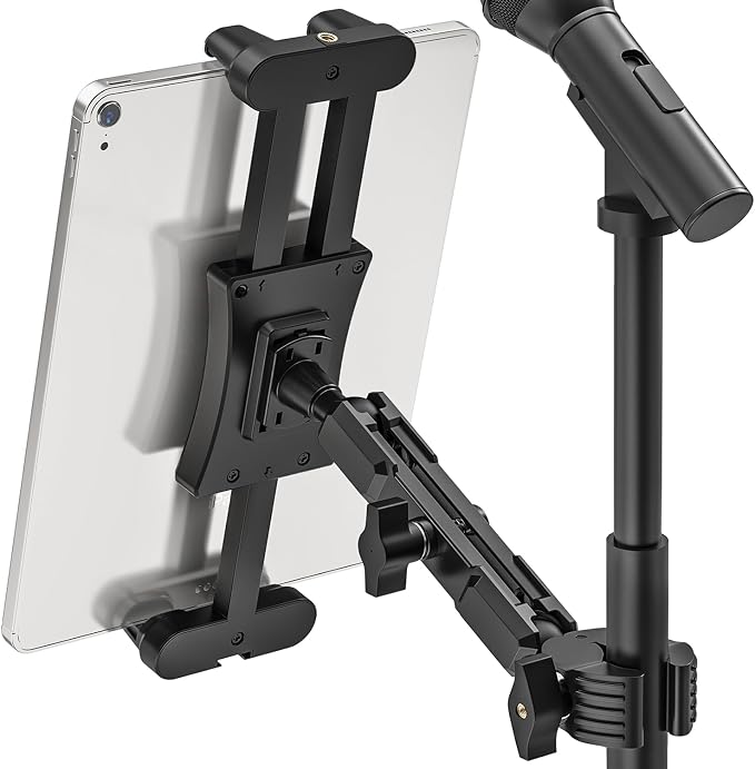 iPad Mic Stand Mount, 360 Rotation Tablet Holder for Microphone Music Stand with 5.9 Inch Metal Arm, Super C Clamp for 0.6-1.5" Diameter Rods, Compatible with All 4.7-13.5" Tablets & Smartphones by Jubor