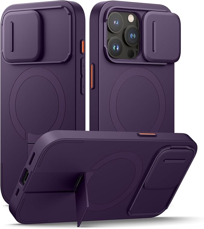 SURITCH for iPhone 15 Pro Case with Magnetic Camera Slide Cover and Adjustable Kickstand, Compatible with MagSafe, Shockproof Bumper Case Slim Protective Cover 6.1 Inch, Dark Purple by SURITCH