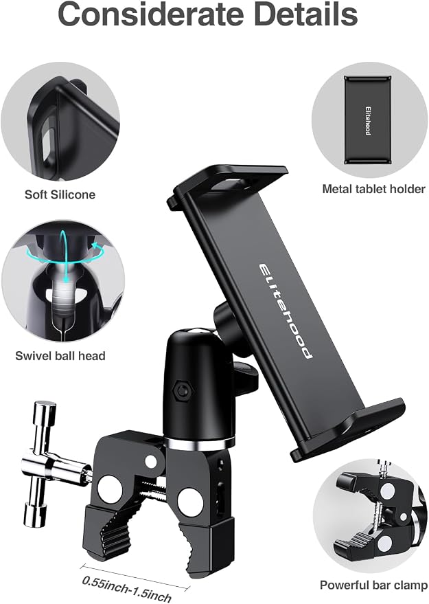 elitehood Metal iPad Holder for Mic Stand, Adjustable Tablet Holder for Mic | Aluminum iPad Mic Stand Holder for Microphone Music Stand, 360° Adjustable iPad Mount for 4.7-13" Tablets and Cell Phones - Image 8