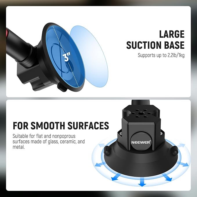 NEEWER Triple Suction Cup Car Mount Kit, Carbon Fiber Camera Mount with Action Camera Adapter, NATO Rail & 24"/60cm Extension Pole Compatible with GoPro Insta360, 2.2lb/1kg Max Load, CA136 - Image 3