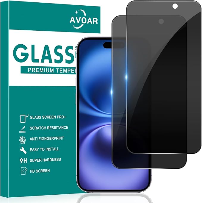 2 Pack Privacy Screen Protector for iPhone 16, Privacy Screen iPhone 16 6.1 Inch Tempered Full Screen Glass Film, Anti-Spy, Bubble Free, Case Friendly by AVOAR