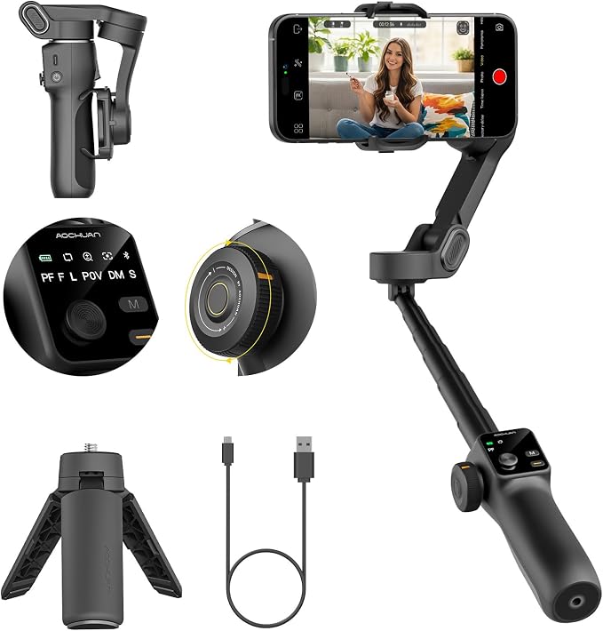 AOCHUAN 3-Axis Gimbal Stabilizer for iPhone, Smartphone Gimbal w/7.8" Extension Rod, OLED Display, Phone Stabilizer w/Face Tracking, Gesture Control, Video Record for iPhone & Android - Smart V8 Black by AOCHUAN