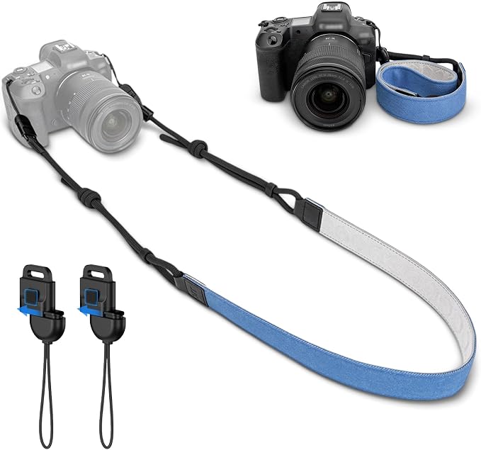 Blue Minimalist Denim lifestyle Camera Shoulder Neck Strap with Quick Release for Most Mirrorless Cameras Canon EOS R50 R10 Fuji X-T30 III XT-50 Nikon Z5 Z50 II Z fc Zf, Adjustable Comfortable Strap by JJC