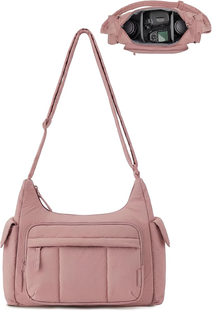 BAGSMART 2 in 1 Puffy Camera Bag for Photographer Everyday Shoulder Bag | Camera Sling Bag with Pockets Crossbody Bag Digital Camera Case for DSLR/Mirrorless Dark Pink by BAGSMART