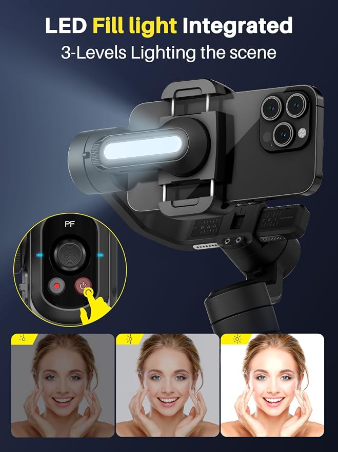 AOCHUAN S2 Smartphone Gimbal Stabilizer w/Wireless Lavalier, Built-in 18cm Extension Rod & Fill Light, Professional 3-Axis Gimbal for iPhone & Android for Video Recording - Image 6