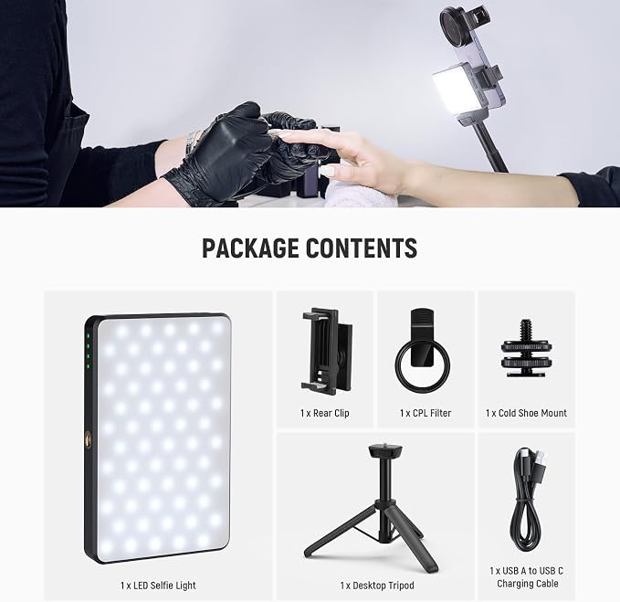 NEEWER Basics LED Selfie & Tattoo Light Compatible with iPhone, Clip on CPL Filter/Tripod Stand/Phone Holder, Fill Lighting Remove Reflection for Art Food Jewelry Photography Video Recording, BL120B | Clip on CPL Filter/Tripod Stand/Phone Holder, Fill ... - Image 9