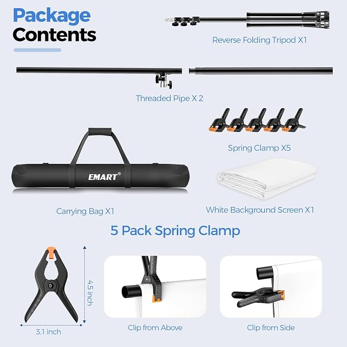 EMART 5 * 10ft White Photo Backdrop Stand Kit with T-Shape Stand | Portable lightweight T-shaped metal stand for easy setup，suitable for portrait photography, live streaming, content recording - Image 8