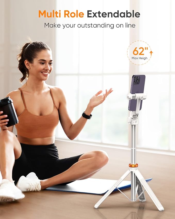 EUCOS 62" Tripod for iPhone, Sturdy Selfie Stick Tripod with Remote & Lightweight Phone Stand, Solidest Portable Cell Phone Tripod, Compatible iPhone Pro Max/Android [White] | Extendable Cell Phone Stand & Ultimate Phone Holder, Solidest Phone Stand Co... - Image 3