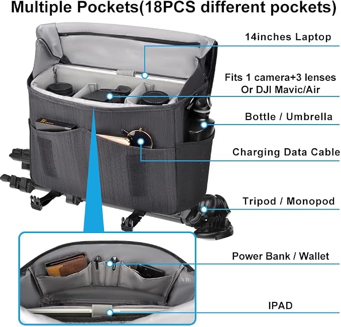CADeN Camera Bag Case Shoulder Messenger Photography Bag with Laptop Compartment 14", Tripod Holder, Compatible for Nikon, Canon, Sony, DSLR SLR Mirrorless Cameras Waterproof Black - Image 3