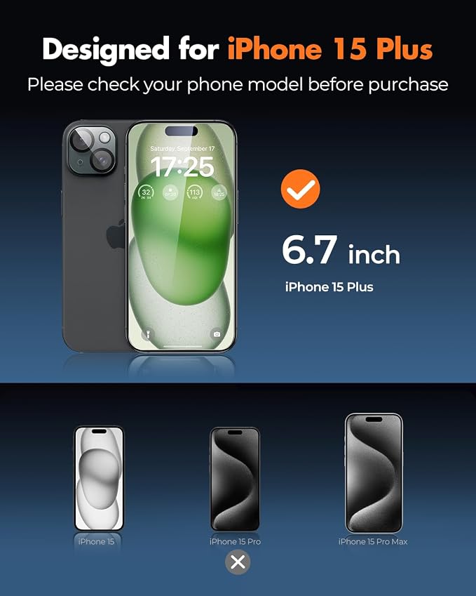 UNBREAKcable iPhone 15 Plus Screen Protector & Camera Lens Protector | Upgraded Dual-Tempered Glass with Military-Grade 9H Hardness, 3-Pack,HD Clarity, Anti-Fingerprint, Case Friendly, Fits 6.7'' - Image 2