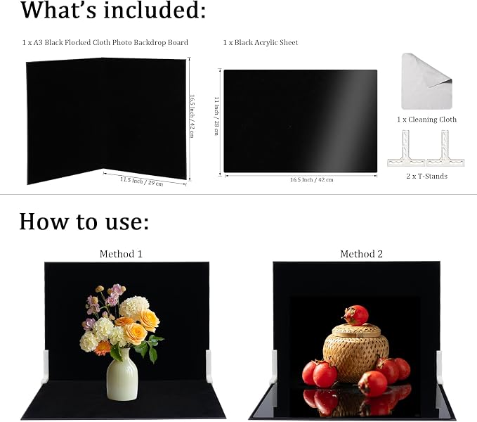 16 x 11.5 in Photo Backdrop Kit, Black Acrylic Sheet and Flocked Board | Mirror-Like Acrylic And Light-Absorbing Flocked Board For Photos Of Jewelry, Cosmetics, Figurines, Watches And Glassware - Image 2
