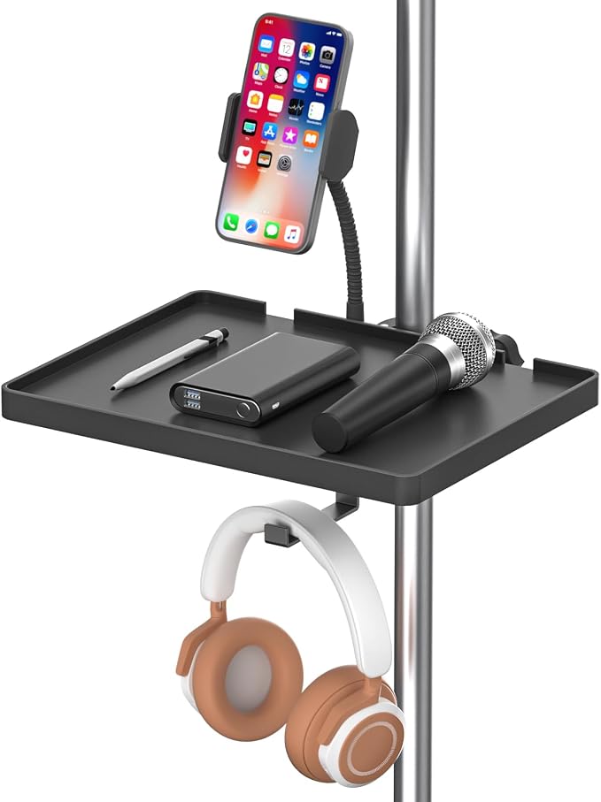Functional Microphone Stand Tray with Adjustable Mic Stand Phone Holder - 8.7"x6.5" Mic Stand Tray Shelf Clamp-On Music Stand Accessory for Live Streaming Karaoke Recording by CHUNXIAO