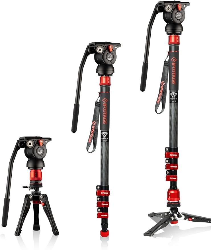 IFOOTAGE Cobra 3 C180F-P+K5S Carbon Fiber Camera Monopod 71" | Travel Monopod with Feet, 1/4" & 3/8" Quick Release Compatible with Sony Canon Nikon DSLR Camera, Payload 17.6lb by IFOOTAGE