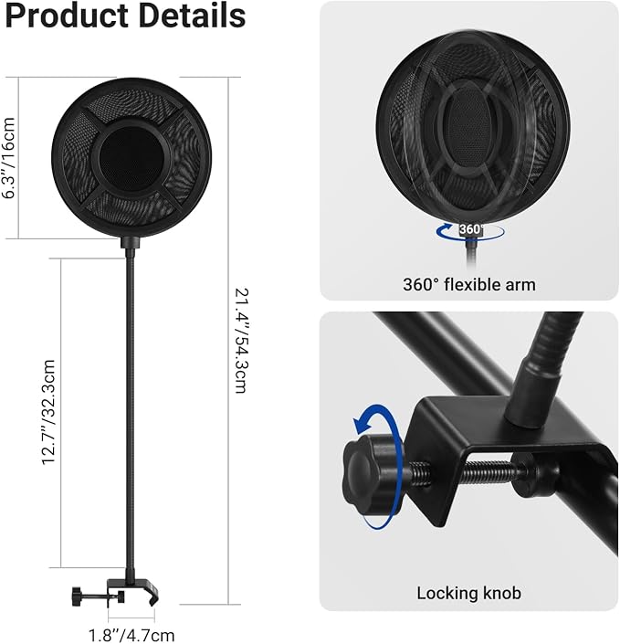 NEEWER Metal Pop Filter for Microphone, Six Layer Professional Foam Mic Isolation Shield Windscreen Cover with Flexible Arm for Podcast Live Streaming Voice Over Singing Studio Music Recording, MS044 - Image 5