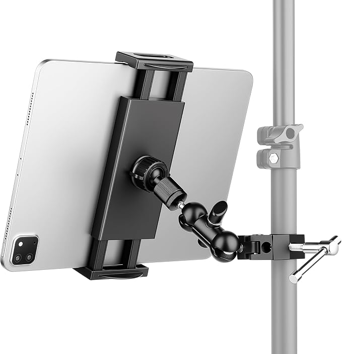 iPad Holder for Mic Stand, Side Mount iPad Music Stand Holder for Microphone, 360° Swivel Tilt Adjustable Mic Tablet Stand for 4.7-12.9" iPad Pro Galaxy Tabs by Evekea