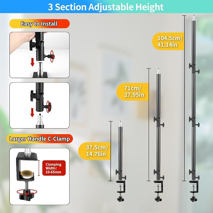 Heavy Duty Overhead Camera Desk Mount Stand 14.5"-41" with 1/4" Screw, 3-Section 360°Rotatable Detachable Articulating Boom Arm with Enlarged Handle C Clamp, Tabletop Light Stand for Streaming Vlog - Image 6