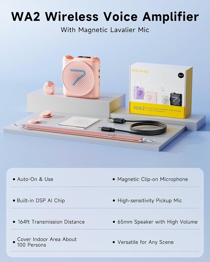 7RYMS WA2 Wireless Voice Amplifier for Teacher with Magnetic Lavalier Mic | Noise Cancellation, Magnetic Charging Case, 23H Working, 164ft Range, for Teaching, Speech,Training Outdoor,Tour Guide, Yoga - Image 9