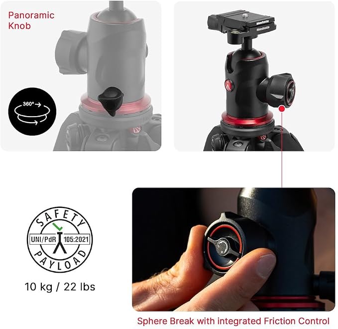 Manfrotto 190X AS, 3-Section Aluminum Camera Tripod, Photo-Kit with Ball Head, Ground Level, Arca-Swiss Plate, Quick Power Lever Lock, 22lbs Payload, for DSLR and Mirrorless, Photo Shooting Supports - Image 4