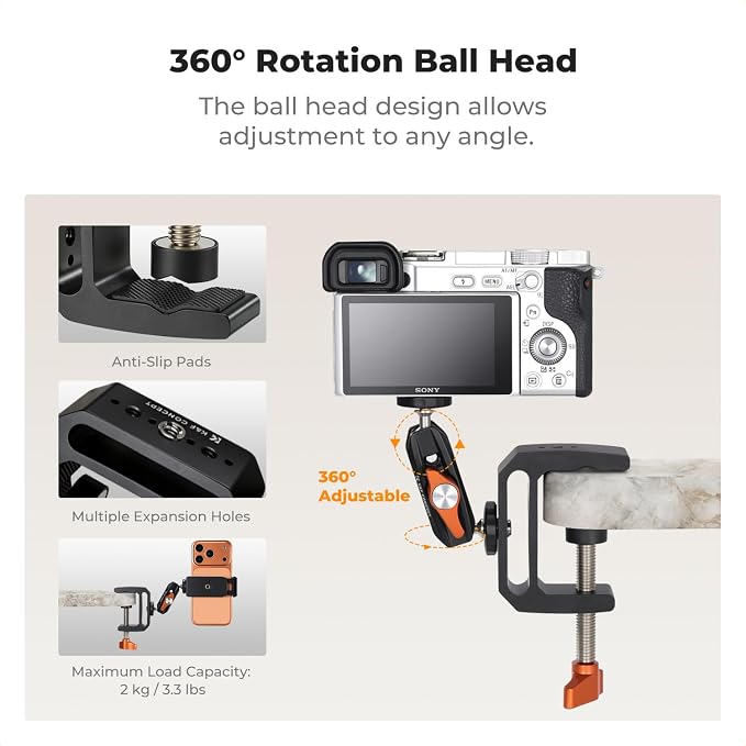 K&F CONCEPT Camera C-Clamp Mount with Double Ball Head Magic Arm | 360° Adjustable Clamp Desktop Mount, for Action Camera, Monitor, LED Light and Microphone - Image 2