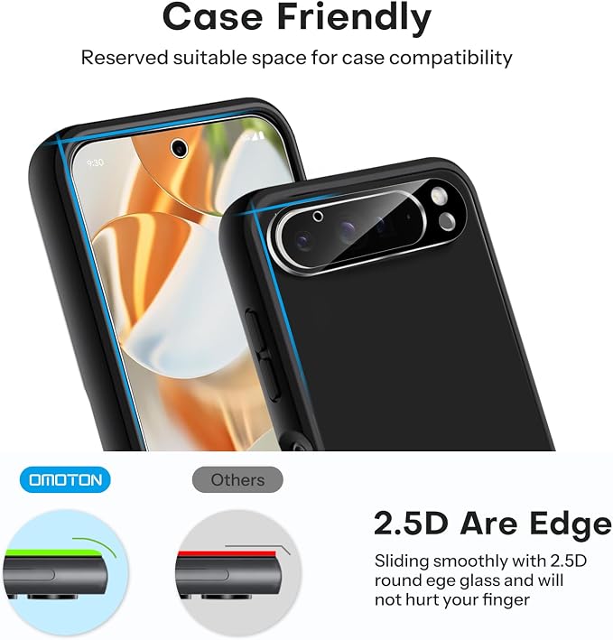 OMOTON 3+2 Pack for Google Pixel 9 Pro Screen Protector 6.3 inch | 3 Pack Tempered Glass Screen Protector&2 Pack Camera Lens Protector with Alignment Framework, Case Friendly(Not for 9/9 XL) - Image 6